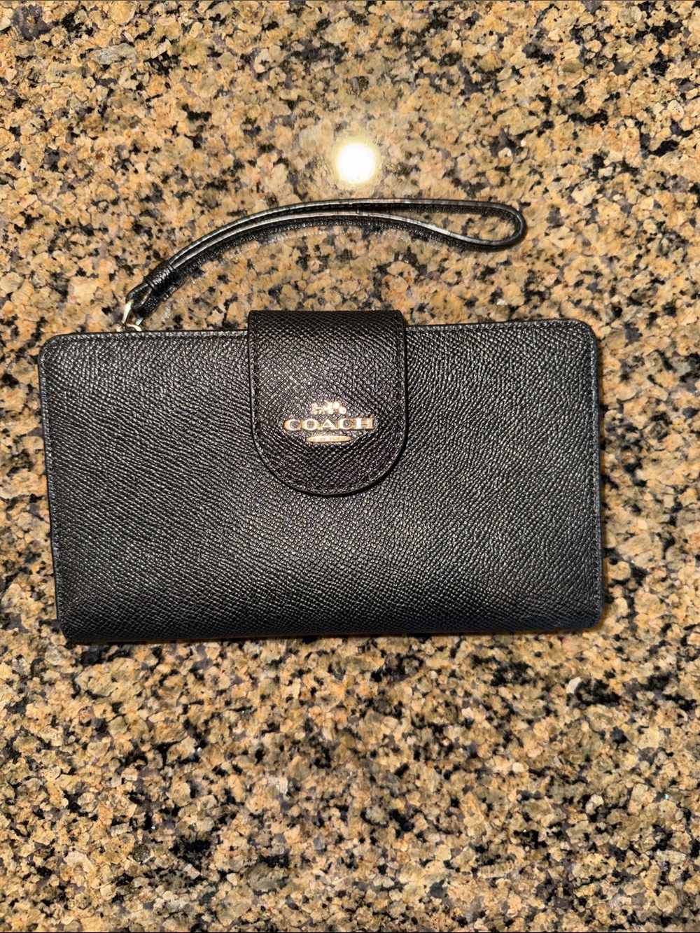 Coach Black Leather Wristlet Phone Case with Logo Snap